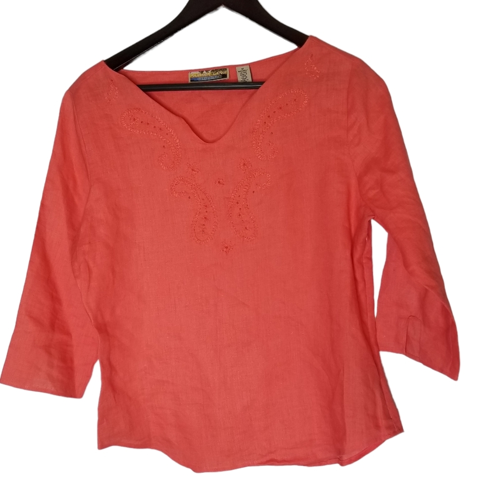 Sunset Cove Women's  Coral Linen Blouse Size Medium 3/4 Sleeves V-Neck